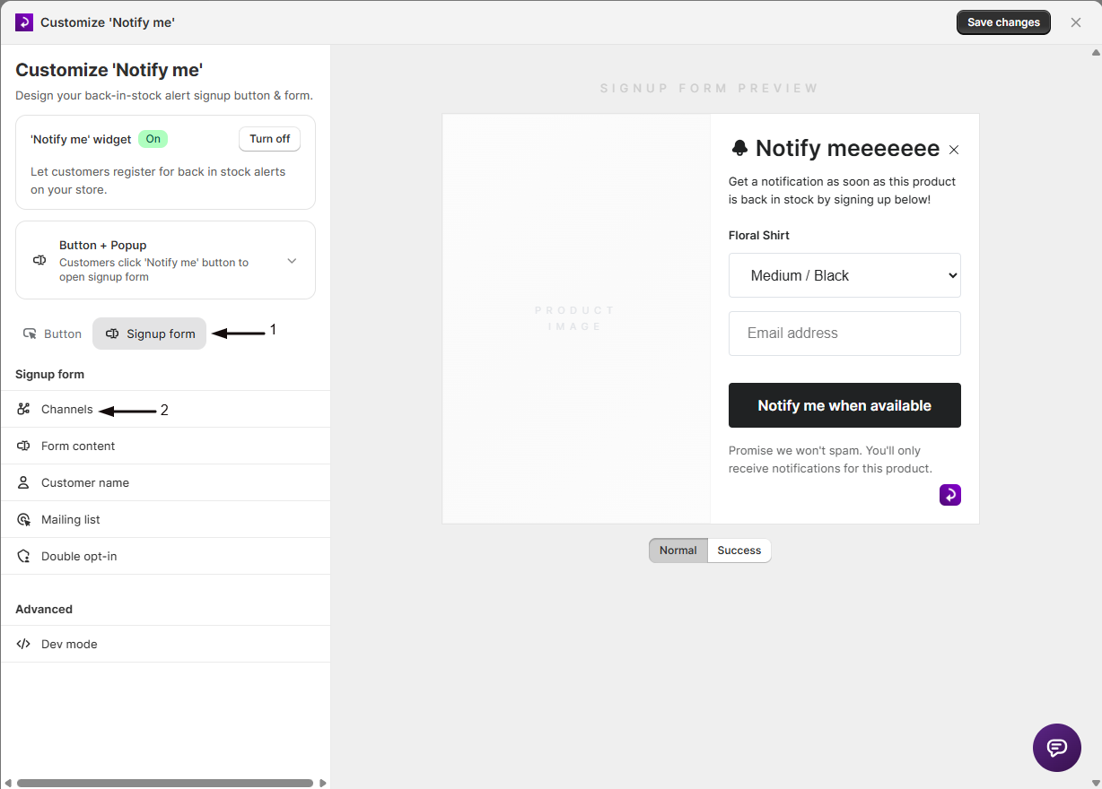 The Channels section in the Signup form tab of the widget editor