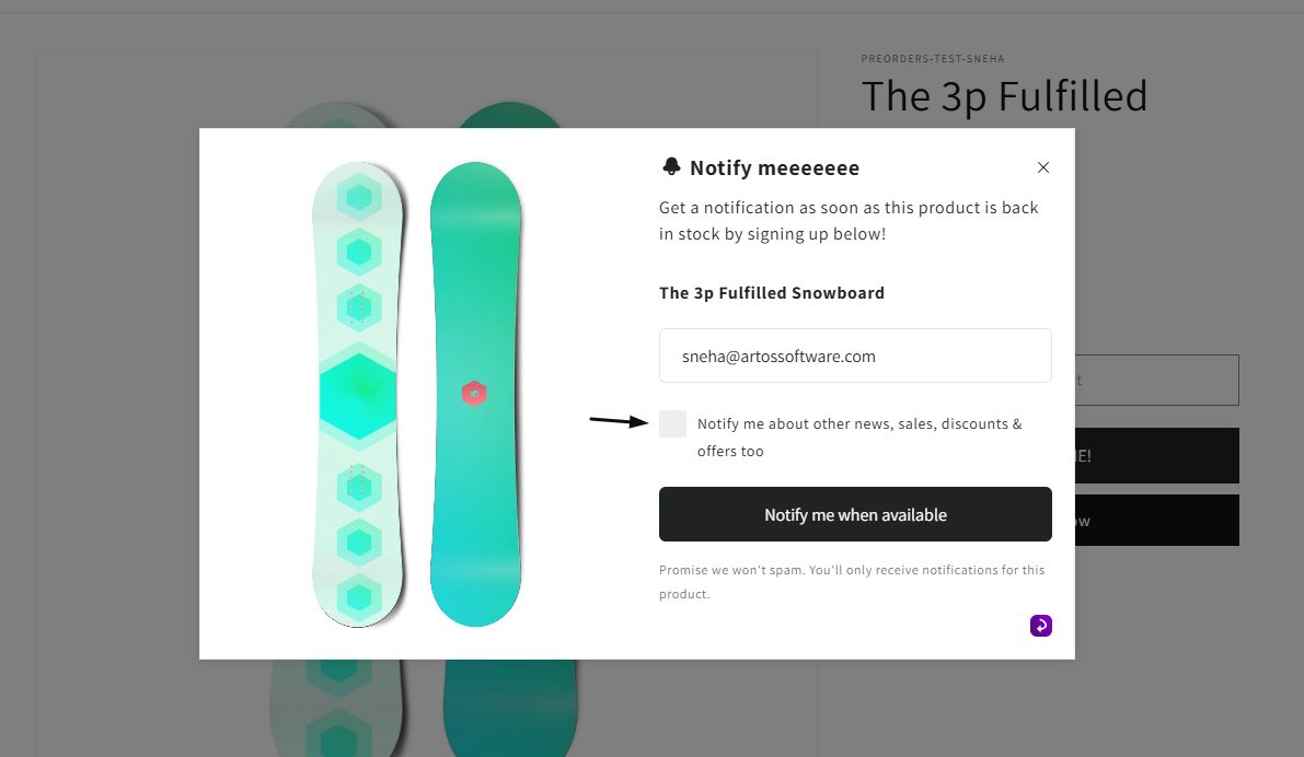 The consent checkbox on the Notify me form on the storefront