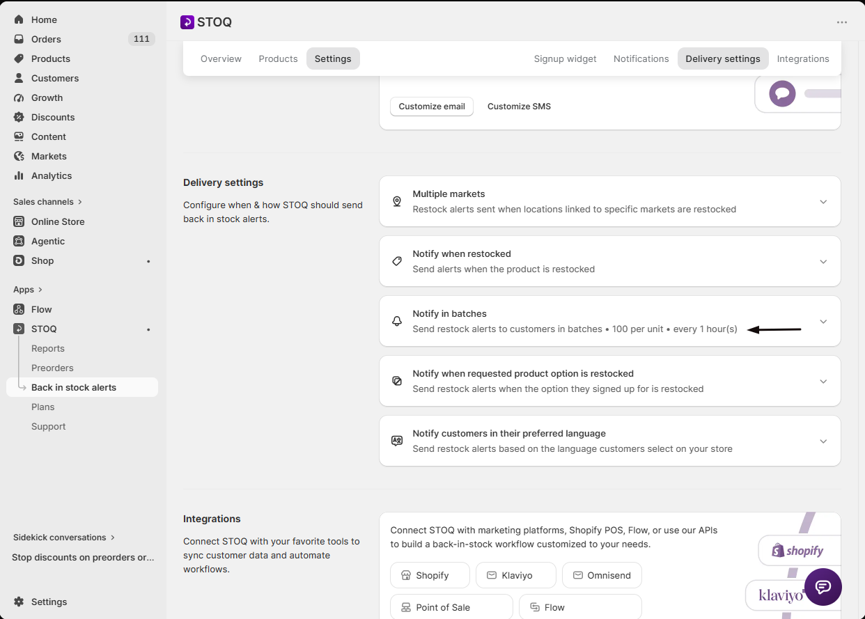 The Notify in batches summary row on the Delivery settings page