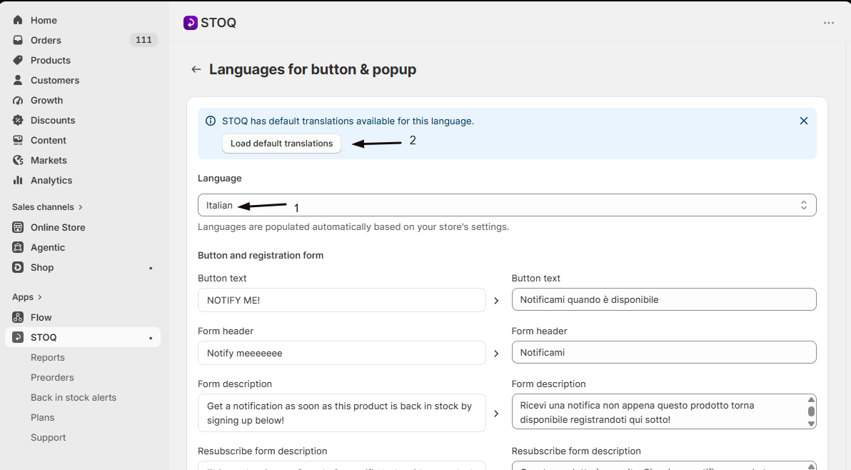 The Language dropdown on the Button and popup translations page