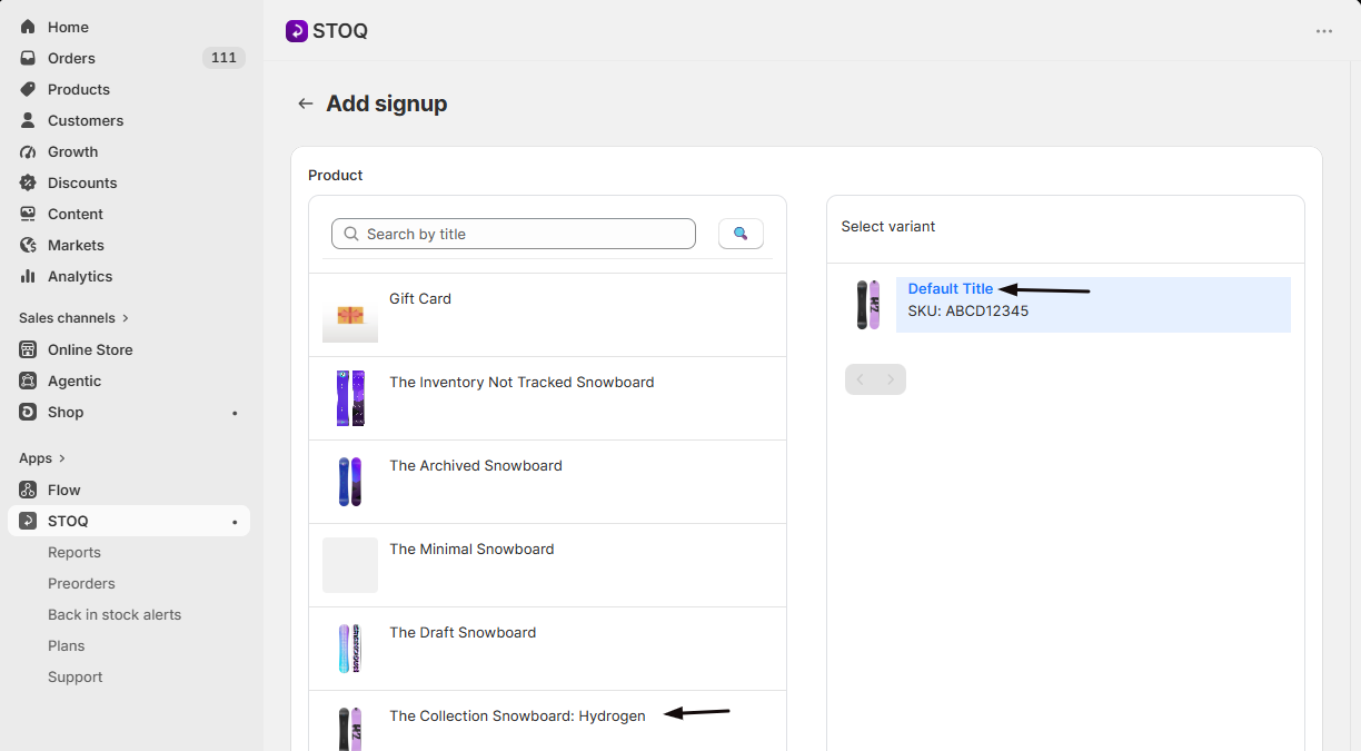 Selecting the product and variant on the Add signup form