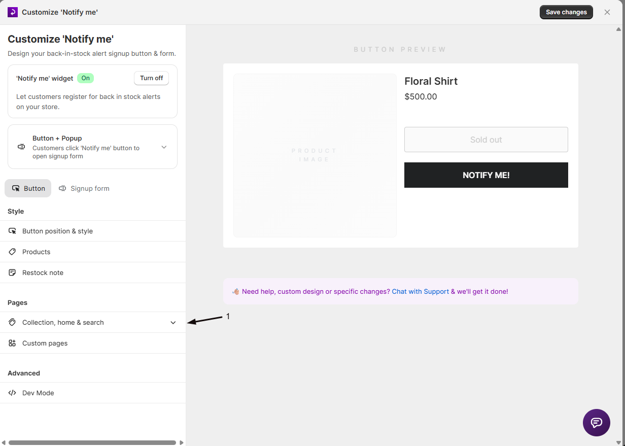 The Pages section with Collection, Home, and Search in the widget editor