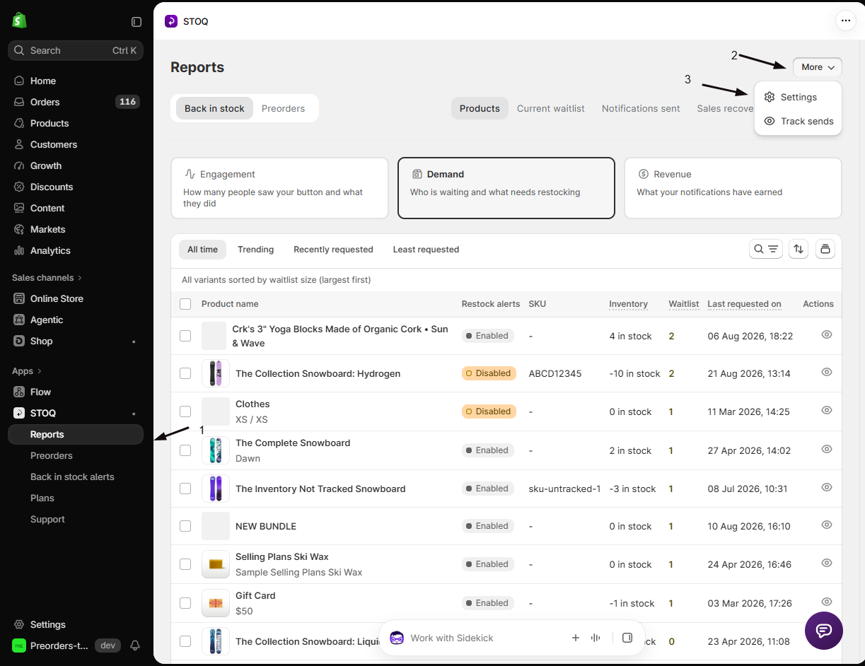 The STOQ Reports page with markers: 1 Reports in the left menu, 2 the More dropdown, 3 Settings in the More menu