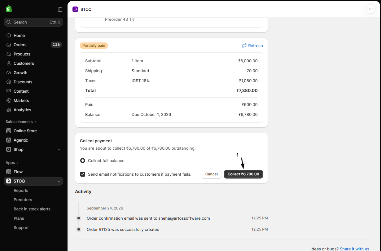 The single order's Collect payment panel with Collect full balance selected and marker 1 on the Collect button showing the amount