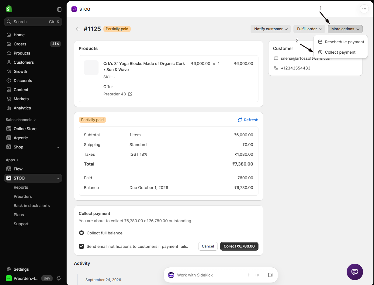 A single preorder order detail page with marker 1 on the More actions menu and marker 2 on Collect payment, and the Collect payment panel showing the outstanding balance