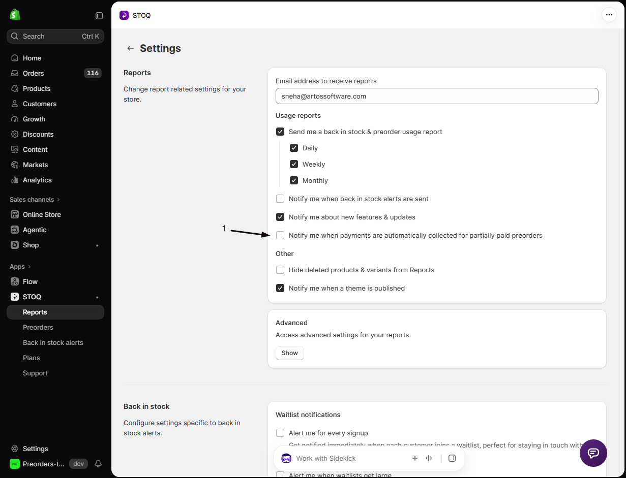 The STOQ Reports Settings page with marker 1 on the Notify me when payments are automatically collected for partially paid preorders checkbox