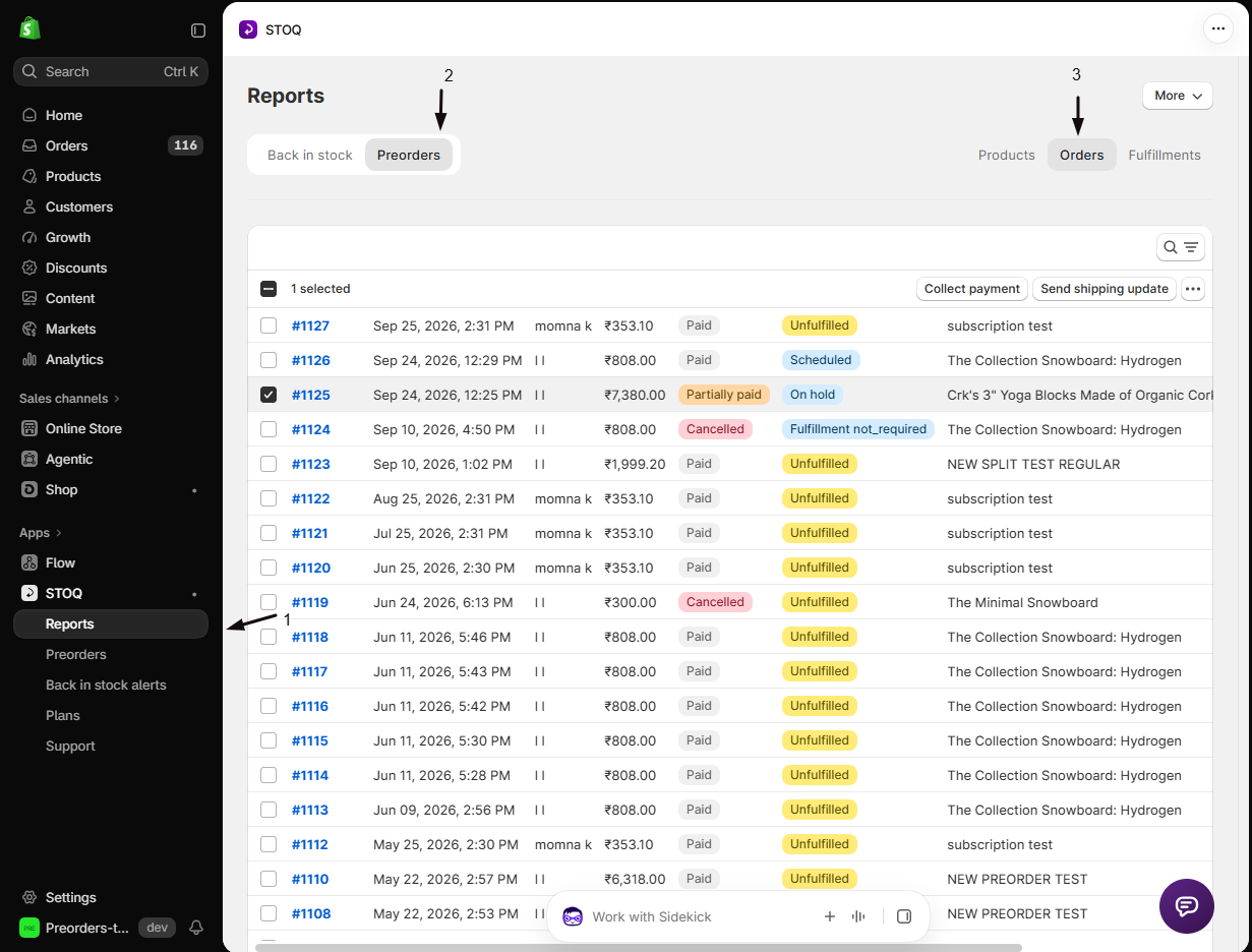 STOQ Reports Preorders Orders view with markers: 1 Reports in the left menu, 2 the Preorders toggle, 3 the Orders tab, showing the preorder orders table