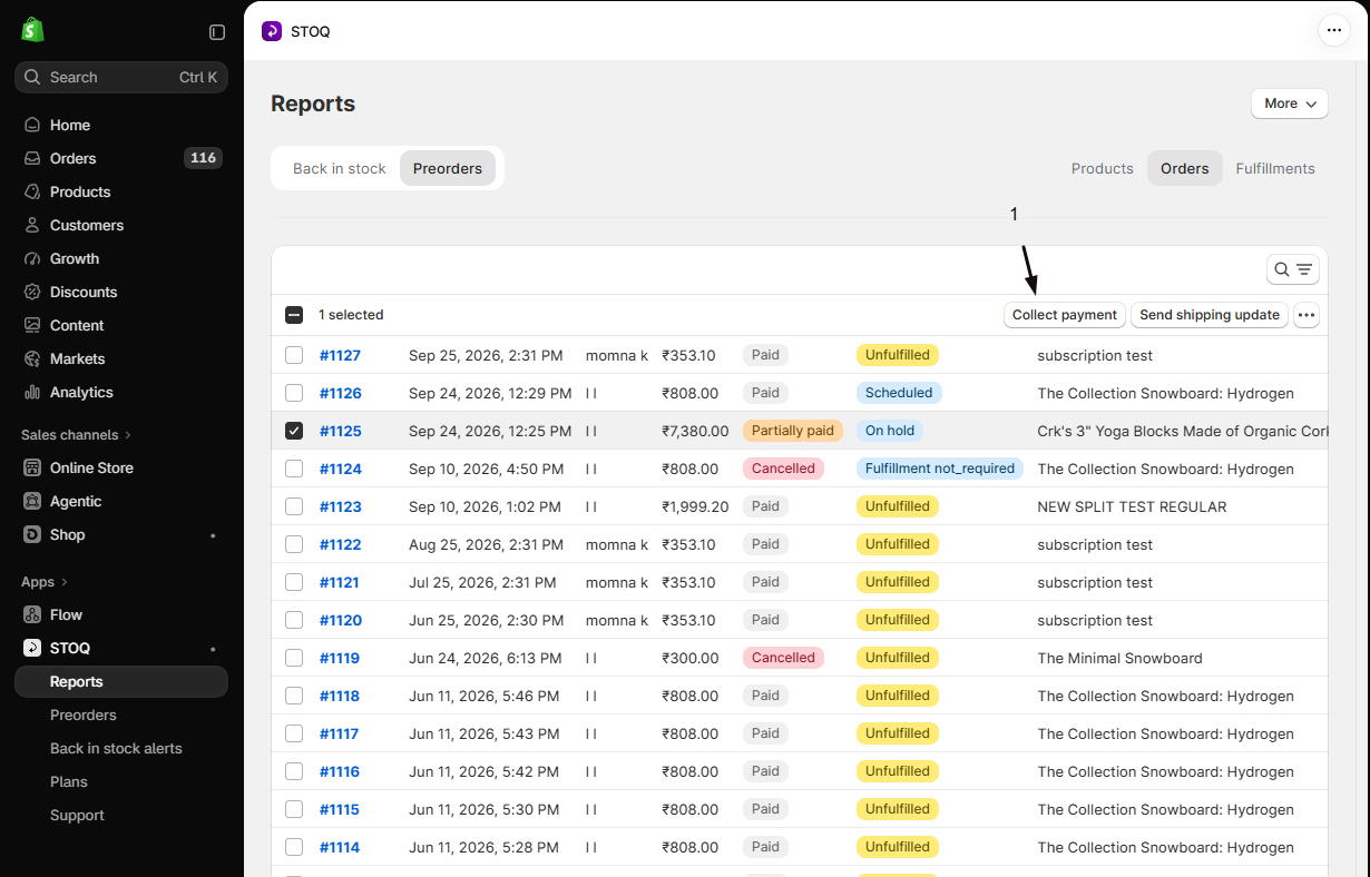 The preorder orders table with one order selected and marker 1 on the Collect payment button in the action bar