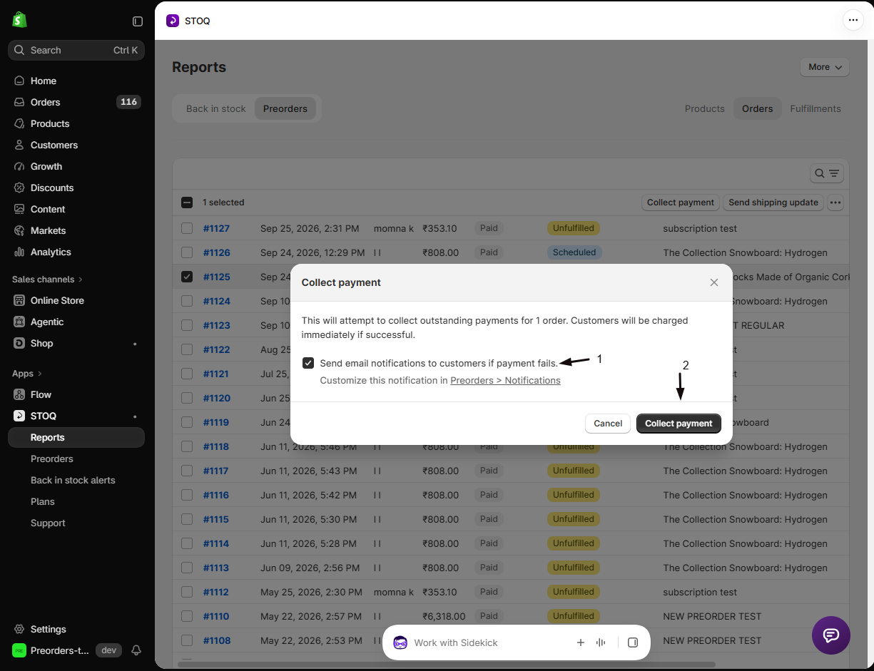 The Collect payment confirmation popup with marker 1 on the ticked Send email notifications to customers if payment fails checkbox and marker 2 on the Collect payment button