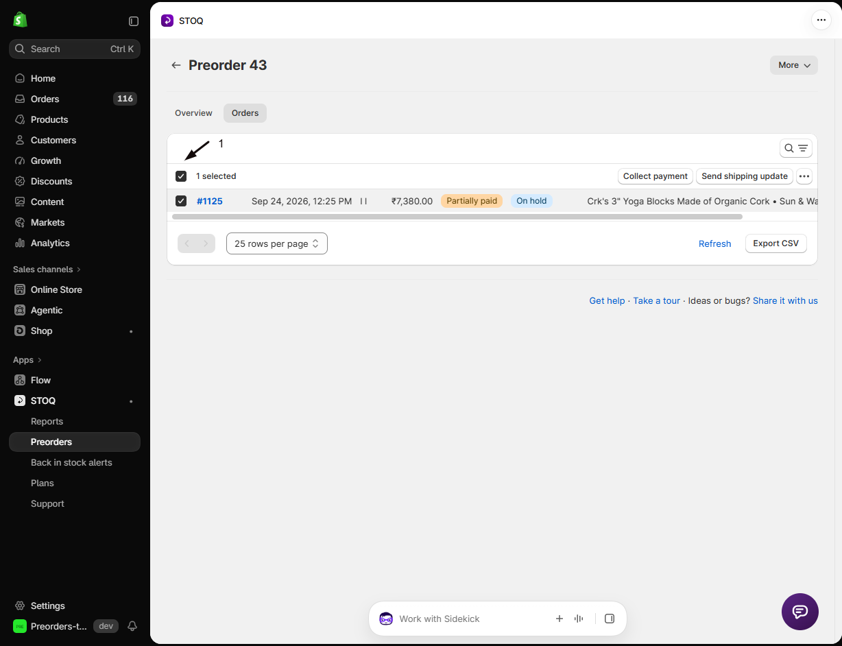 The offer's Orders tab with an order selected (marker 1) and the Collect payment action available