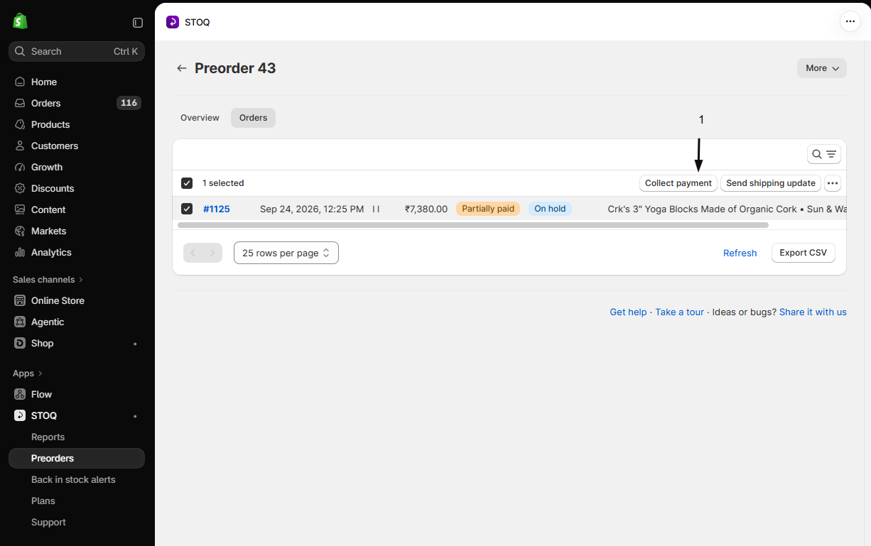 The offer's Orders tab with the order selected and marker 1 on the Collect payment button