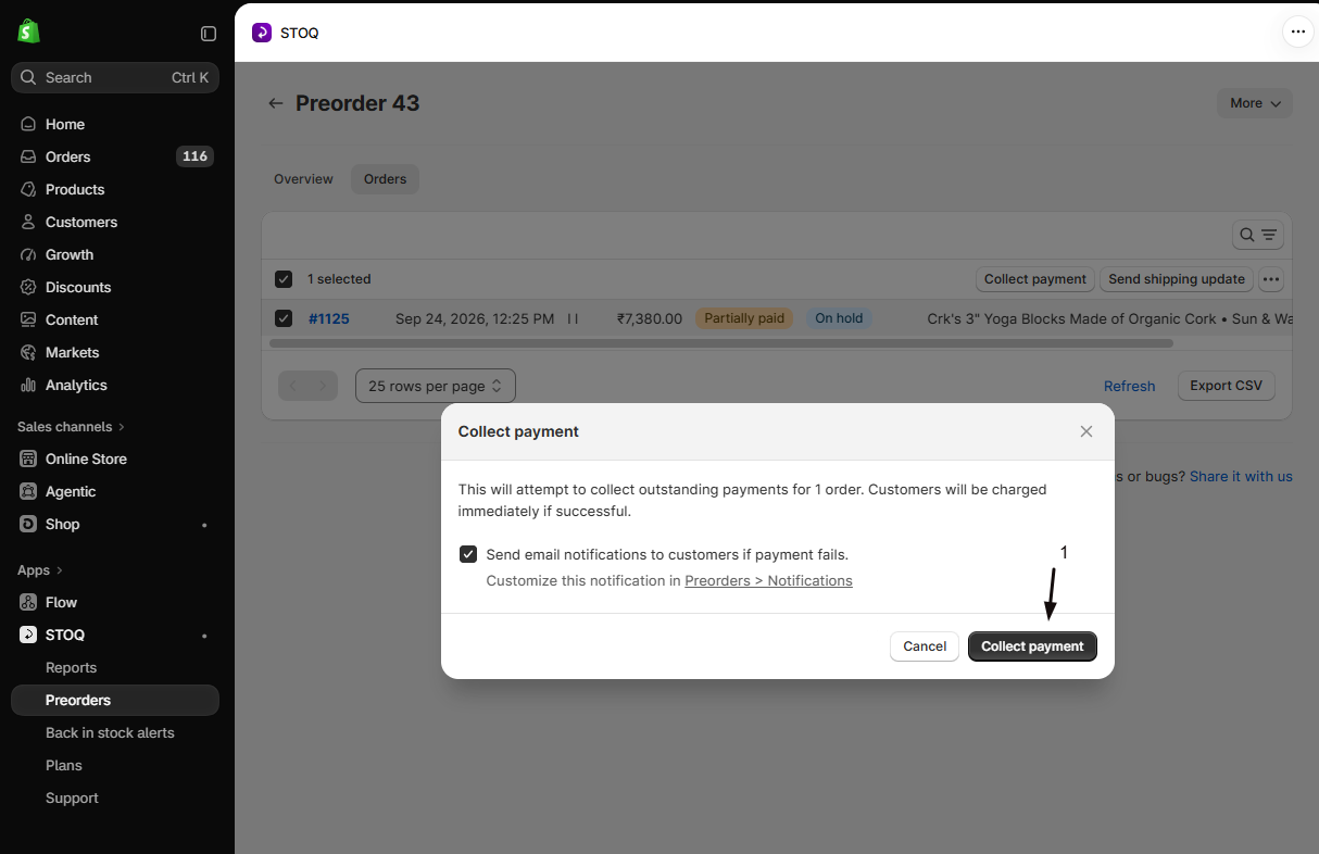 The Collect payment confirmation popup for the offer's order with marker 1 on the Collect payment button