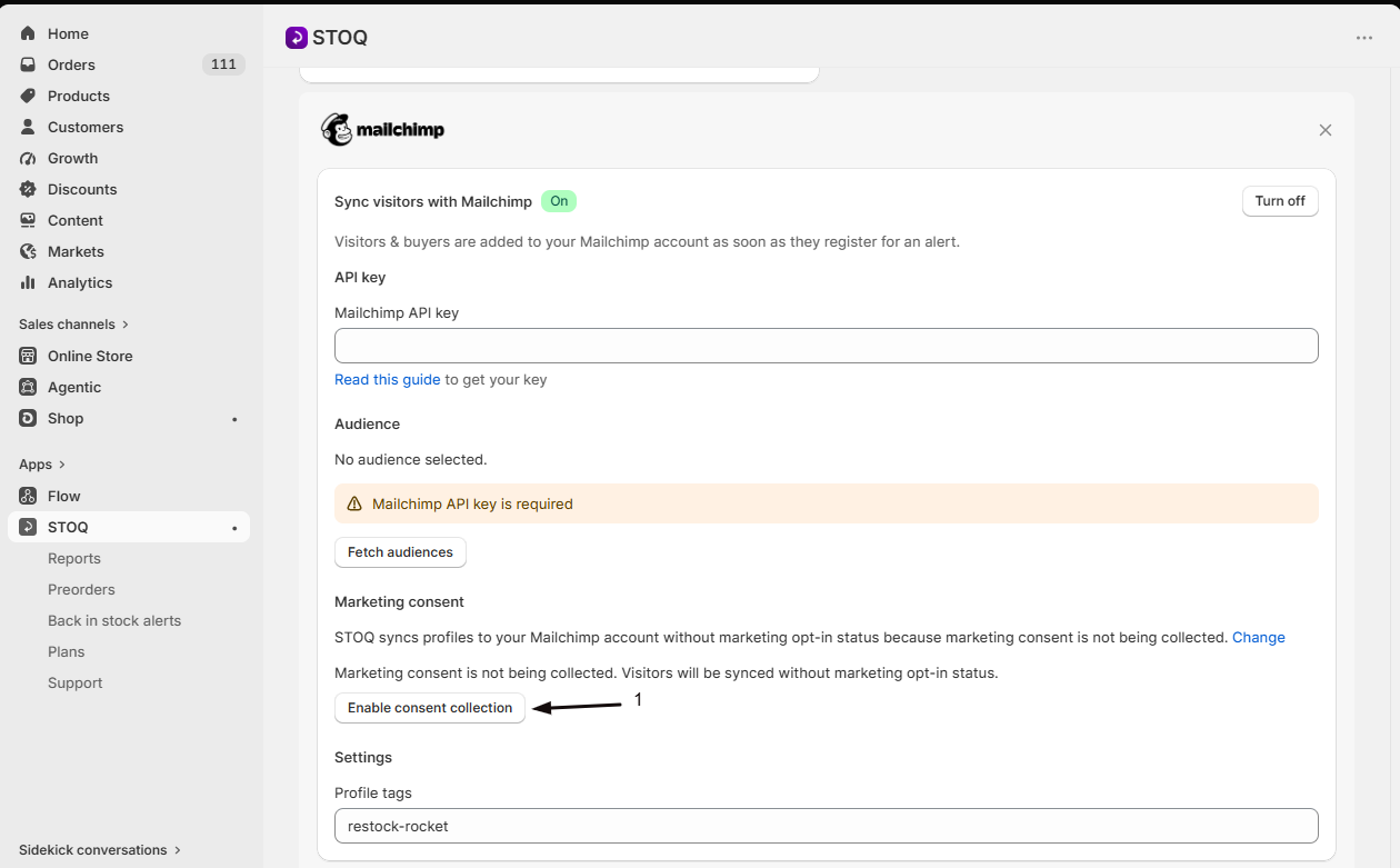 The Marketing consent summary on the Mailchimp card