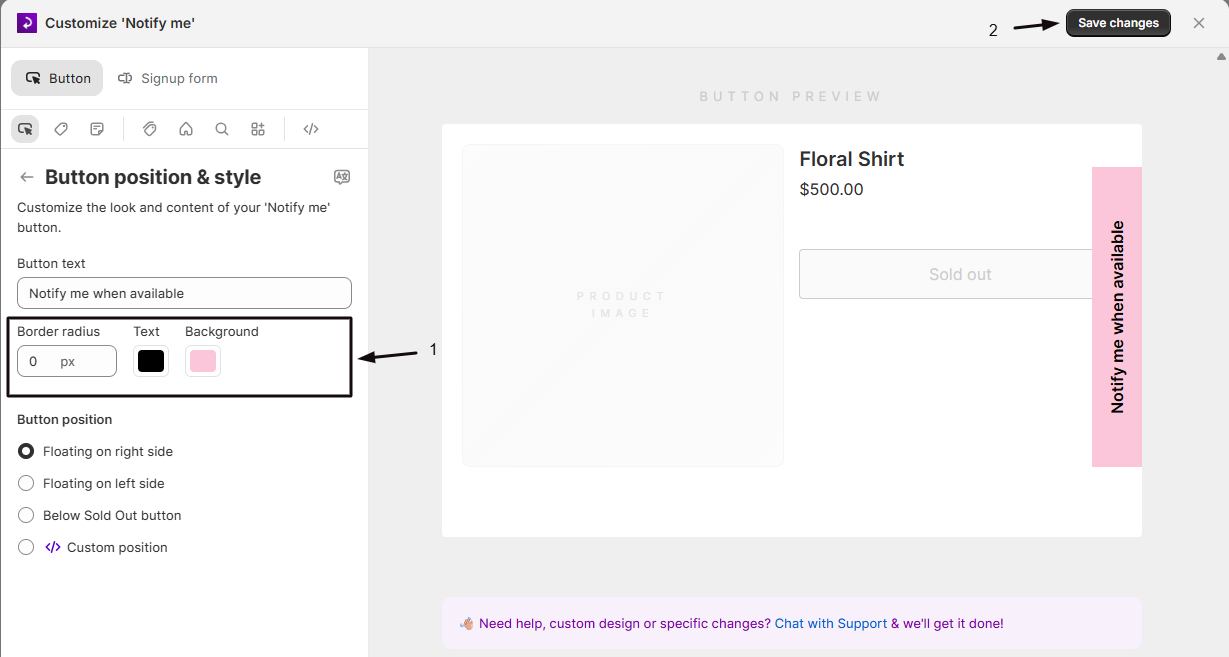 The Border radius, Text color, and Background color controls for the button