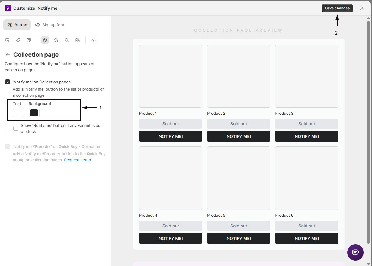 The text and background color pickers on the Collection page panel