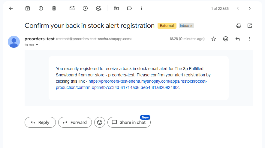 The confirmation email received at the signup address