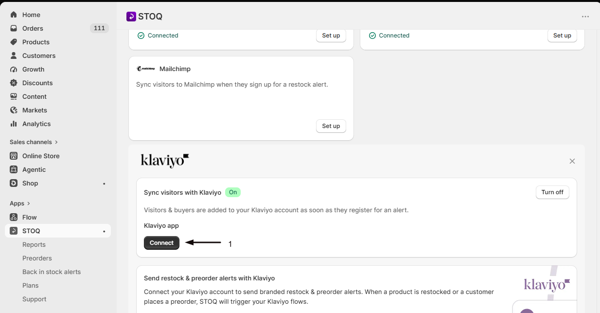 The Connect button in the Klaviyo app section