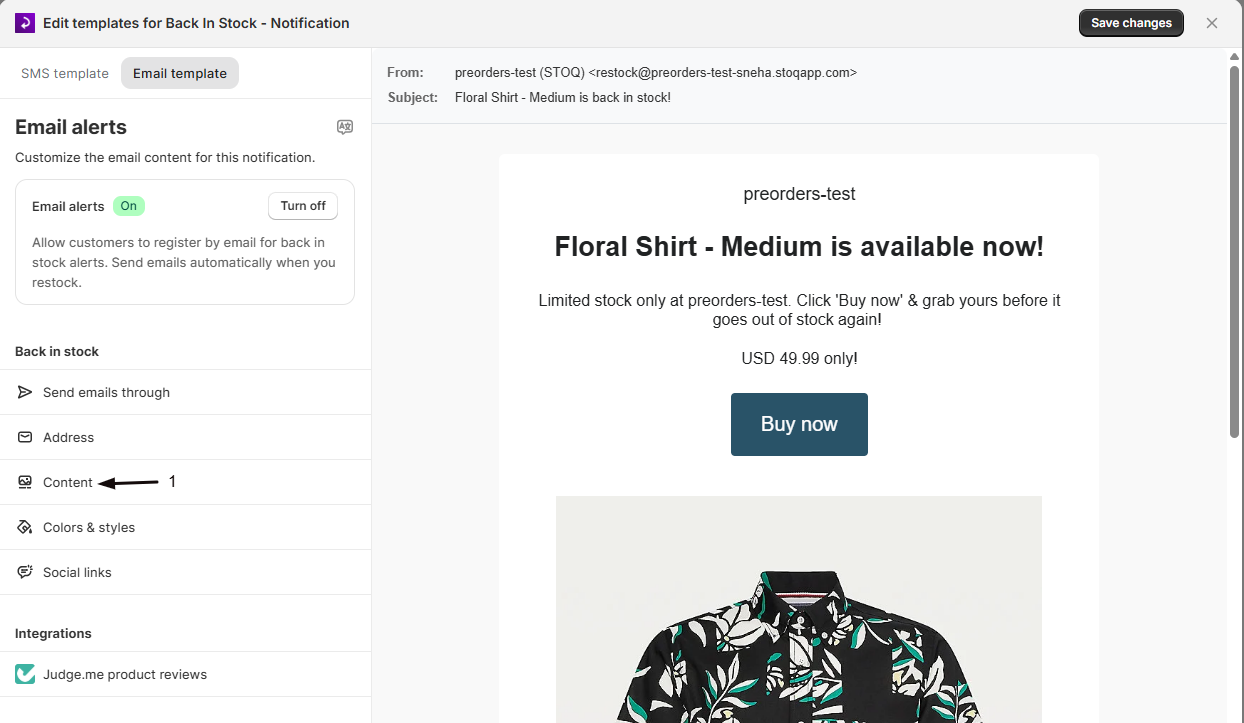 The Content section in the email editor sidebar