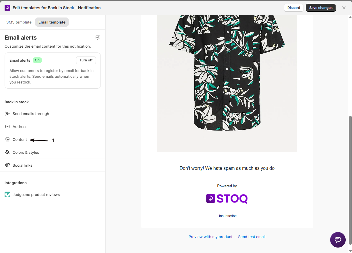 The Content section in the email editor sidebar