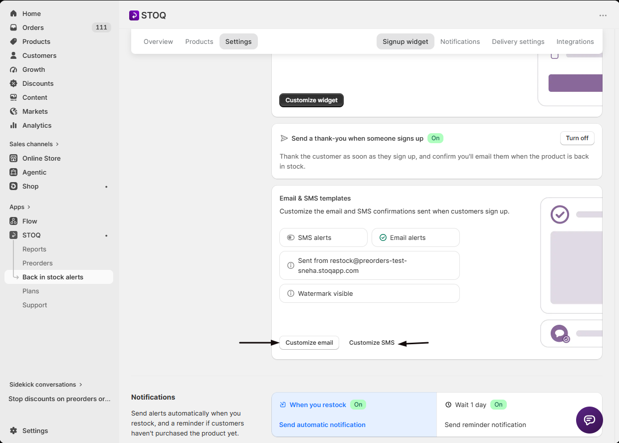 The thank-you card expanded with Customize email and Customize SMS