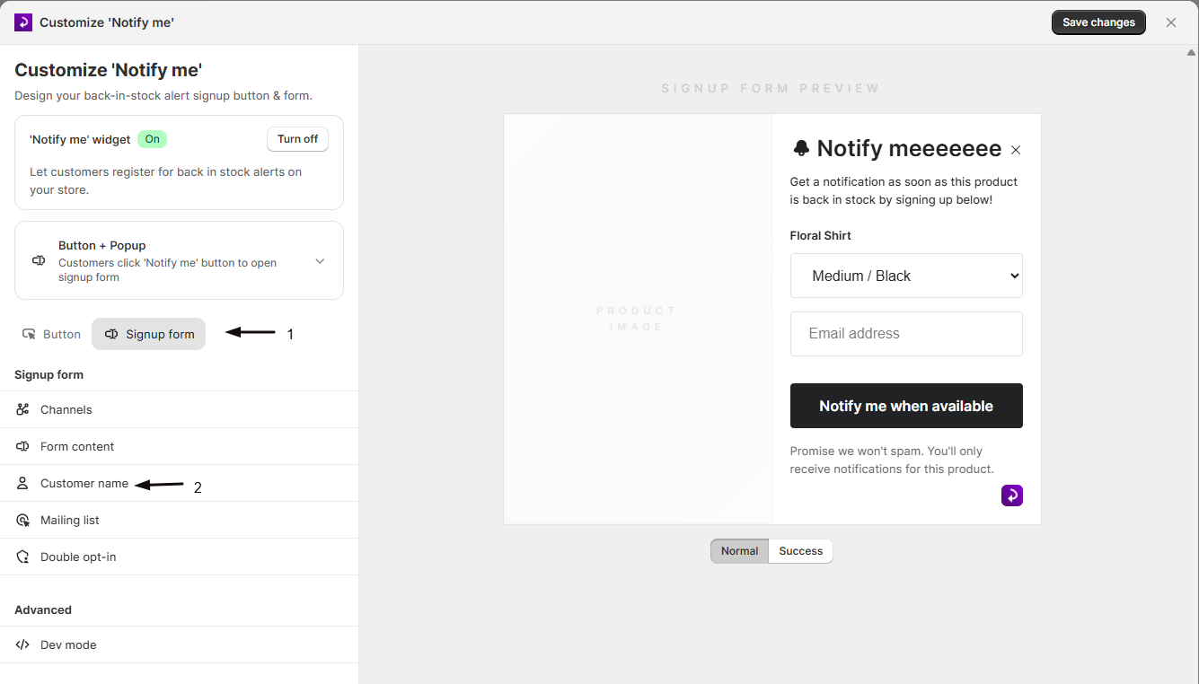 The Customer name section in the Signup form tab of the widget editor