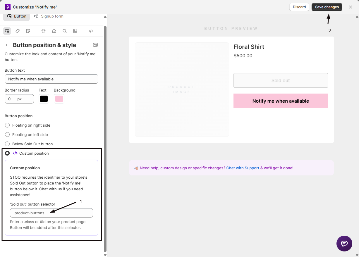 Dev Mode turned on with Custom position selected and the 'Sold out' button selector field