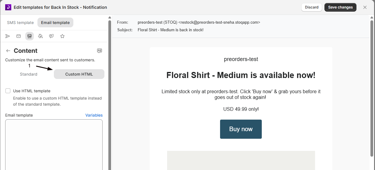 The Custom HTML tab at the top of the Content panel