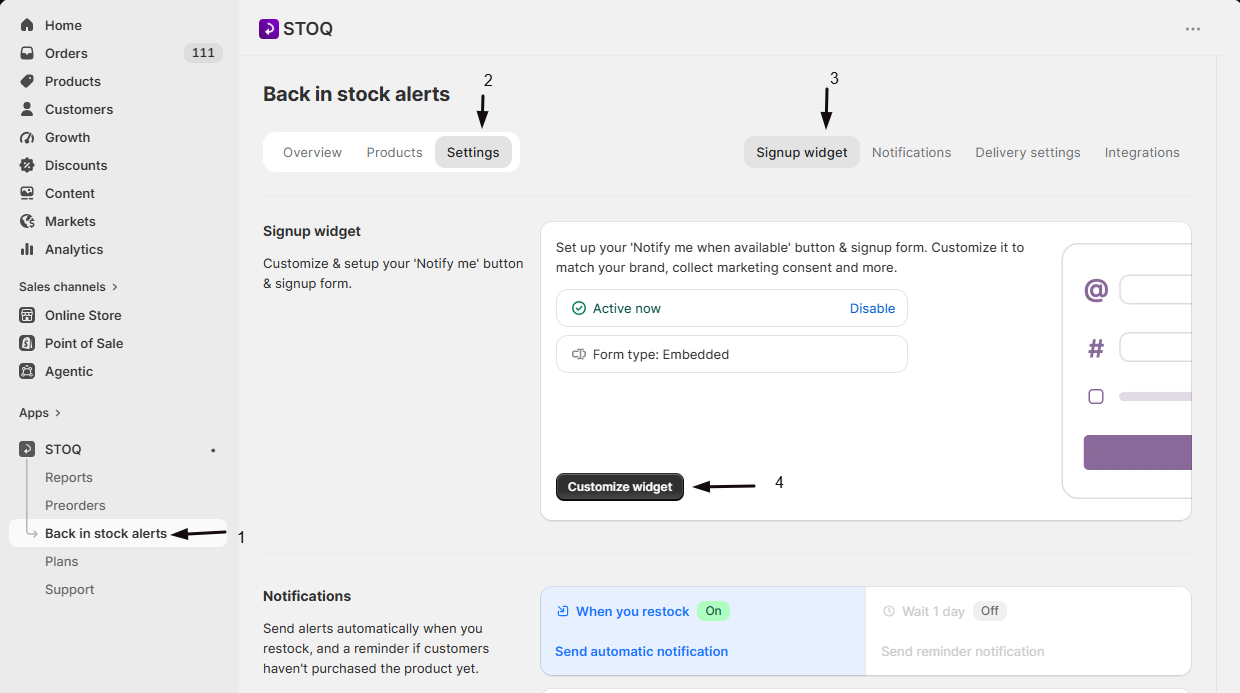 The Back in stock alerts Settings tab with the Signup widget sub-tab open and the Customize widget button