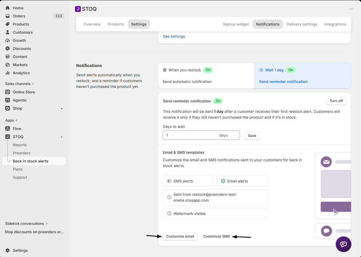 The Customize email and Customize SMS buttons for the reminder