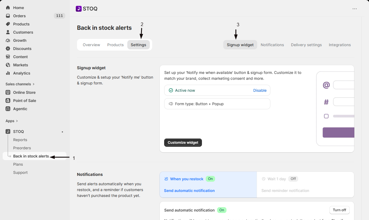 The Back in stock alerts page with its Overview, Products, and Settings tabs