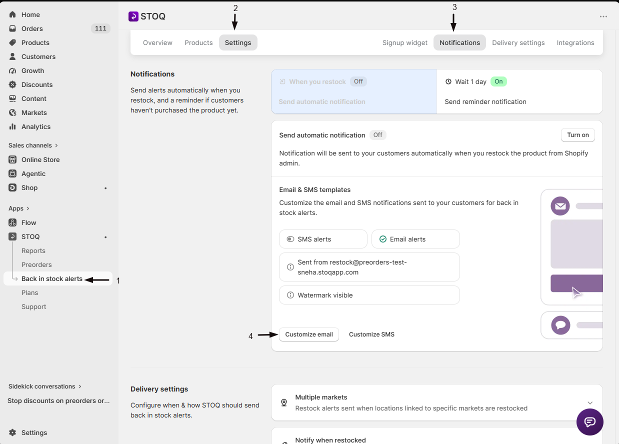 The Customize email button for the selected notification
