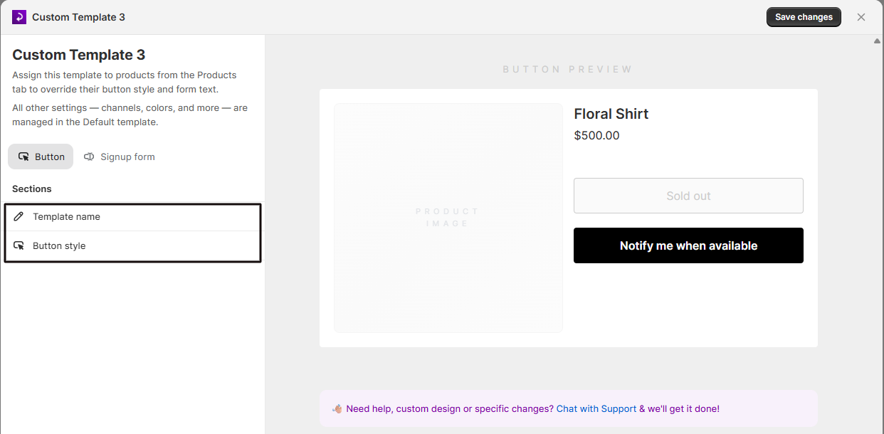 The template editor with Button and Signup form tabs for customizing the template