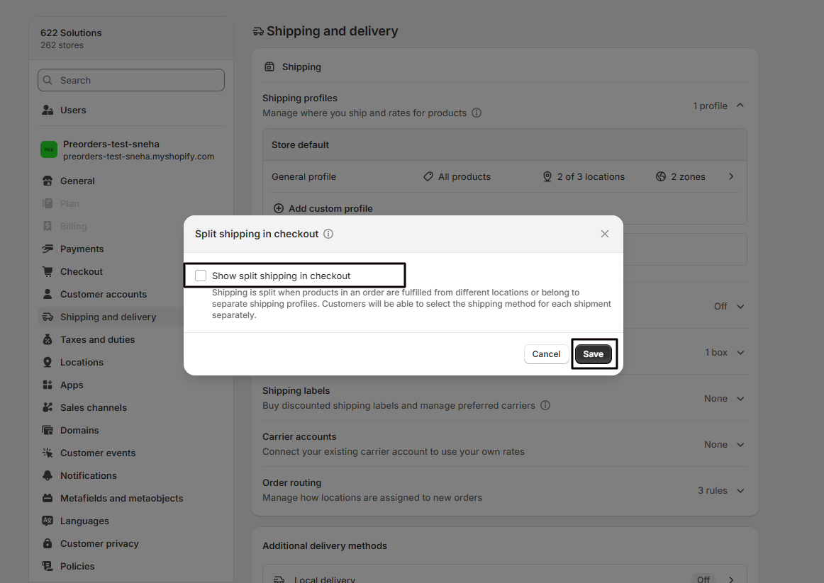 Saving the split shipping setting in Shopify admin