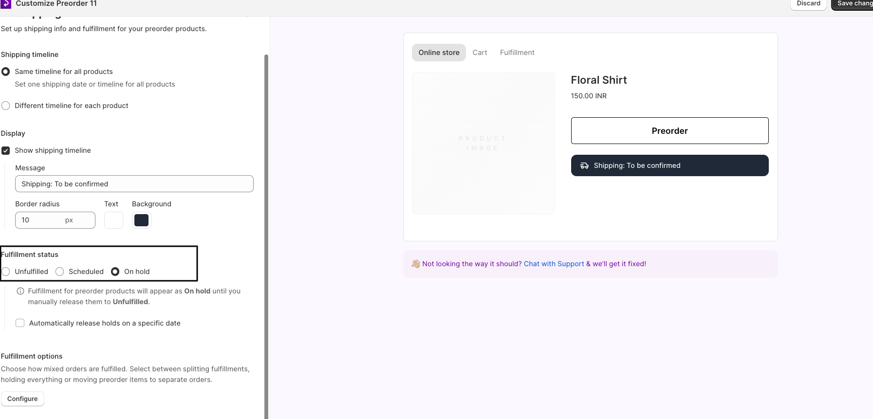 The On hold fulfillment status selected in the offer's Shipping section