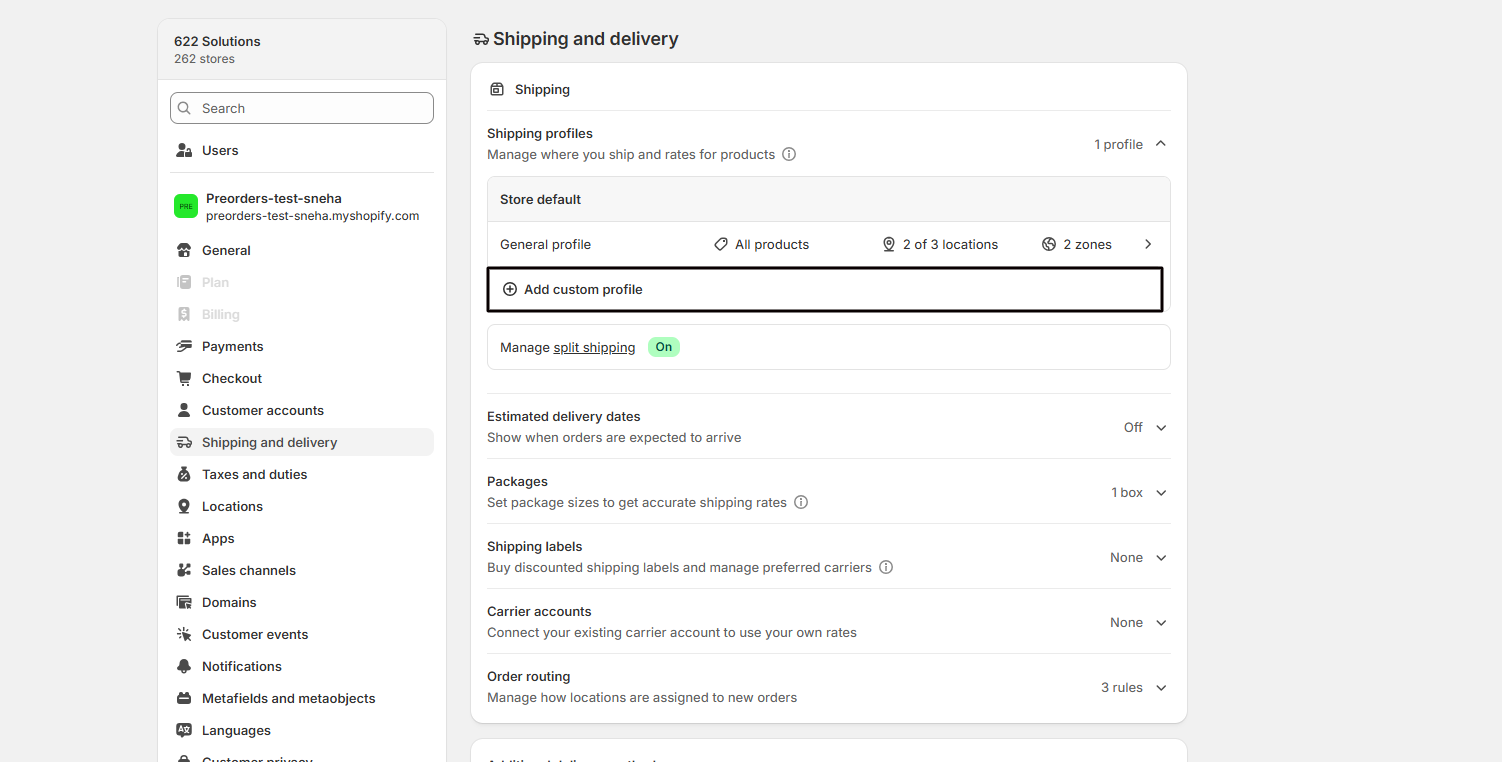 A custom Preorder shipping profile with products added