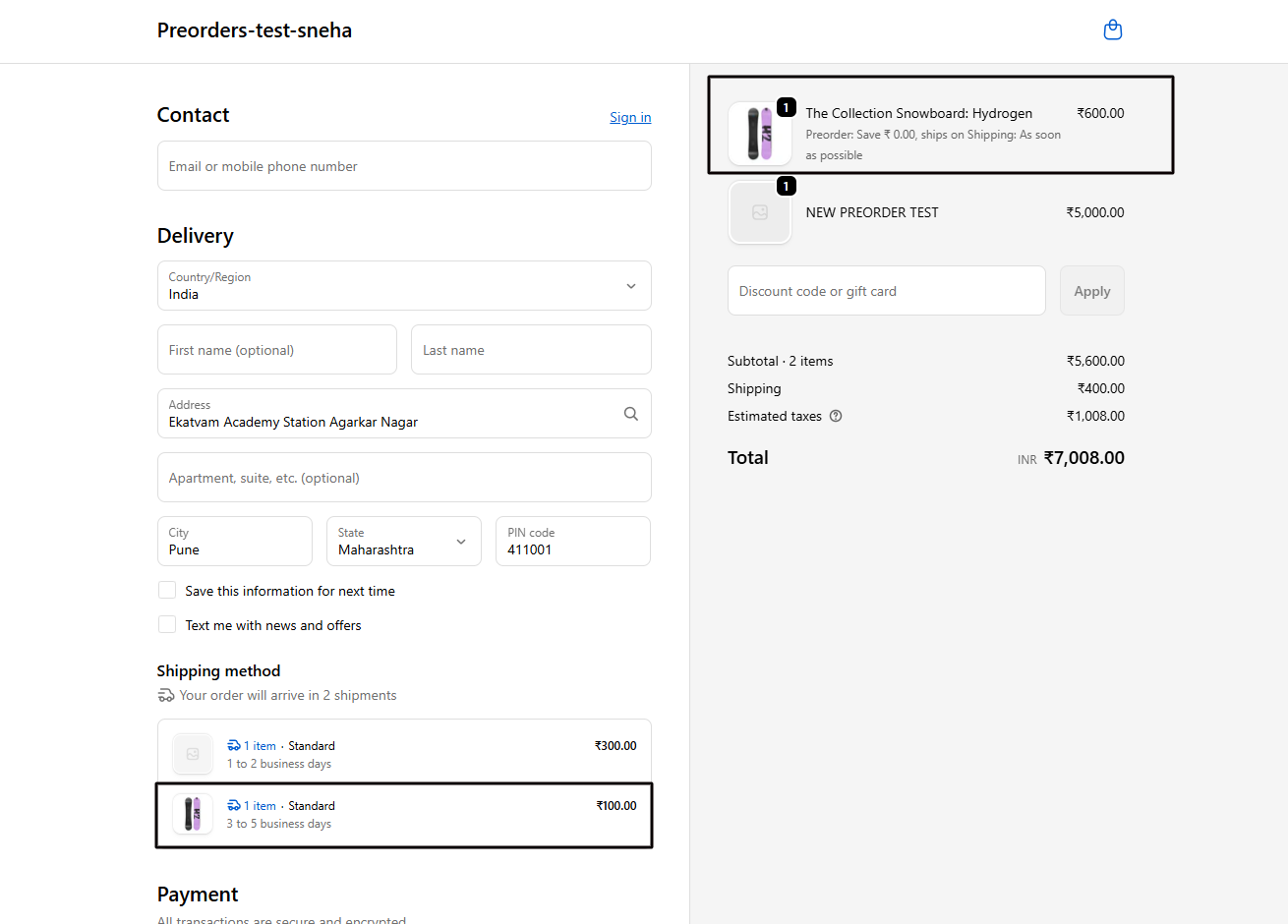 The checkout Shipping method section showing grouped shipments and options