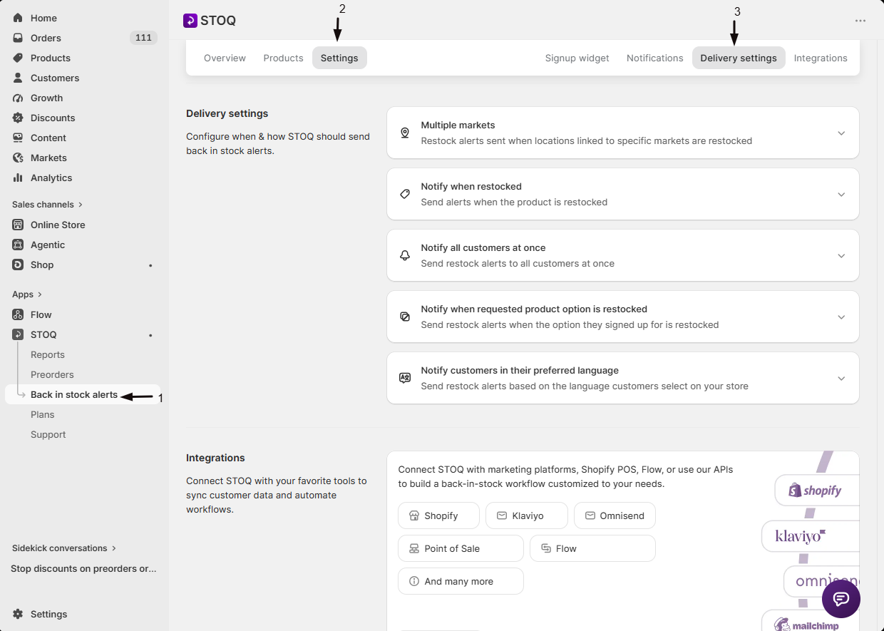 The Delivery settings sub-tab under Back in stock alerts Settings