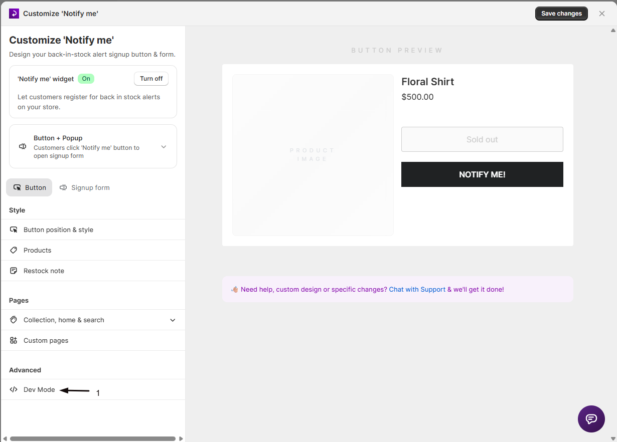 The Advanced (Dev mode) section in the widget editor sidebar