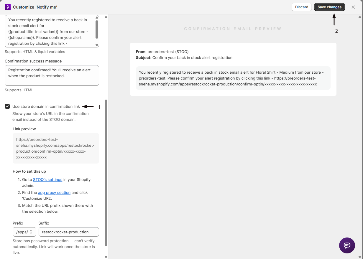 The Use store domain in confirmation link toggle