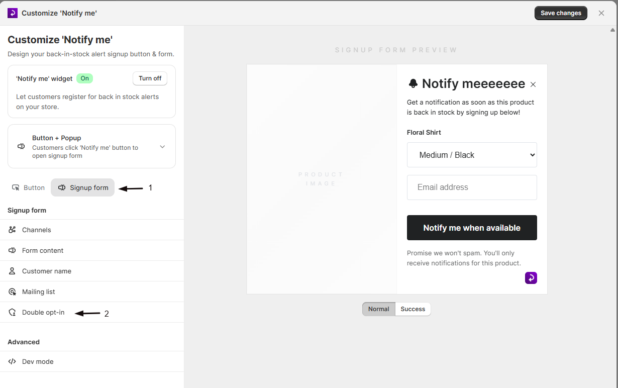 The Double opt-in section in the Signup form tab of the widget editor