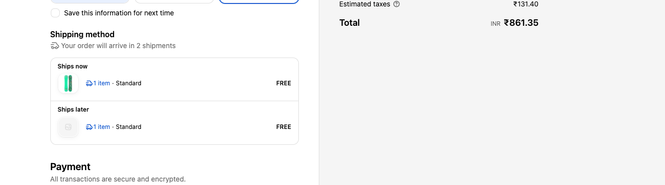 Two separate shipments shown at checkout for an in-stock and a preorder item