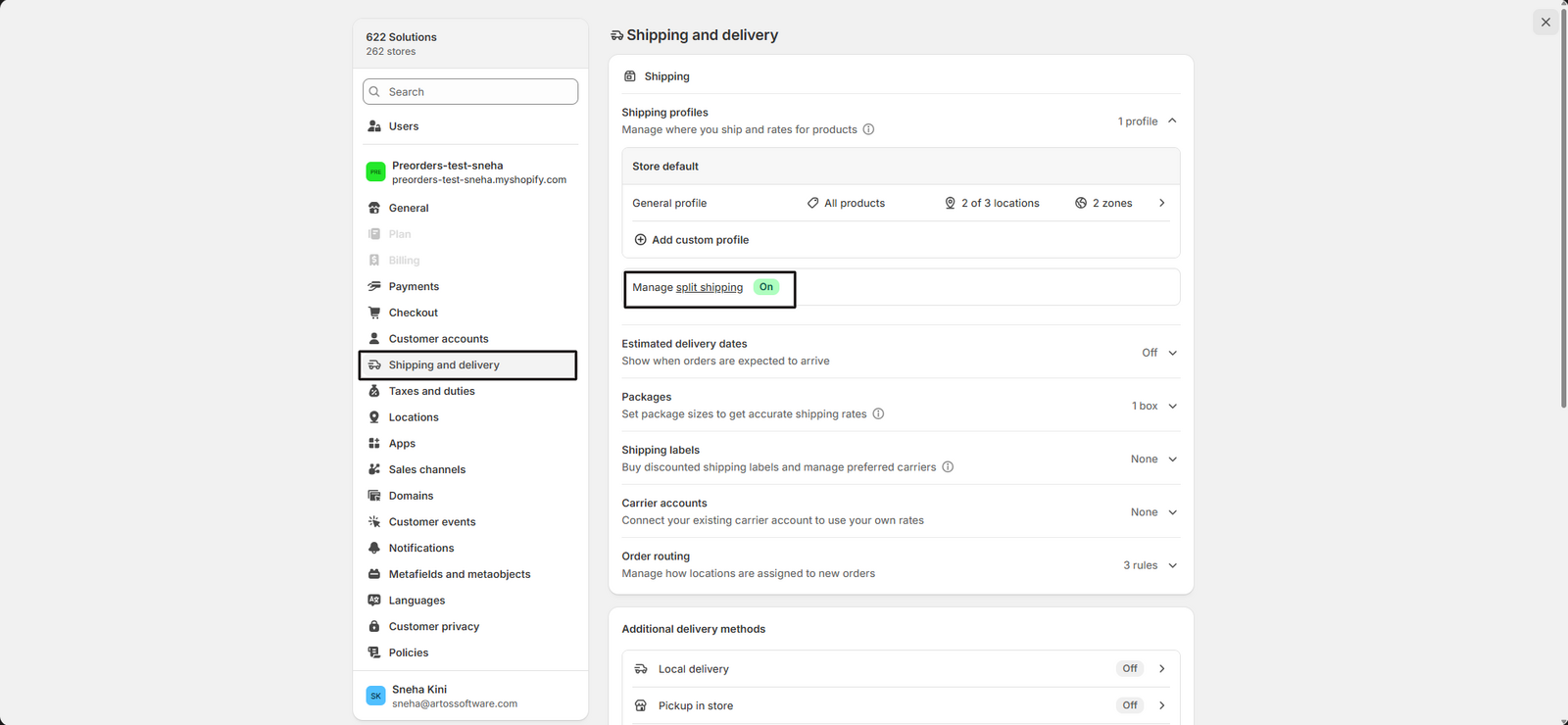 The Split shipping in checkout modal with the option checked