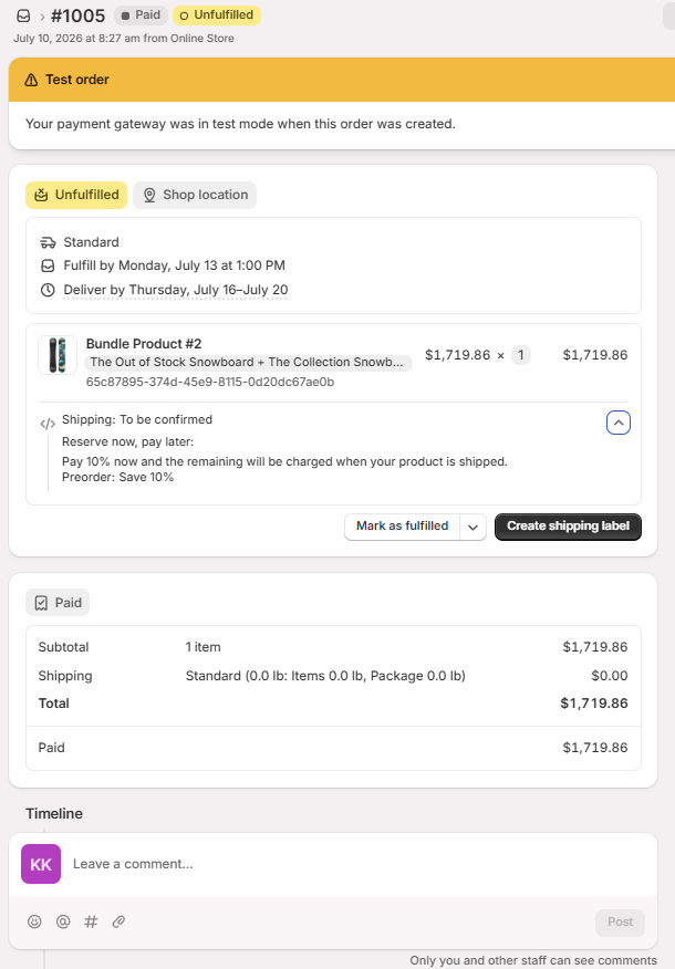 A Single product bundle order showing one Unfulfilled line item
