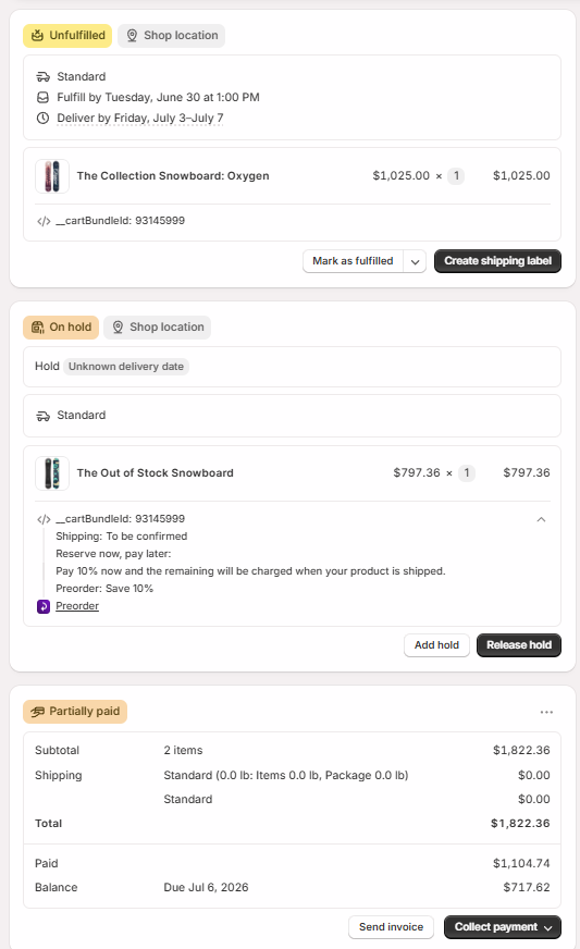 The Shopify order for a Separate line items bundle with the preorder item on hold