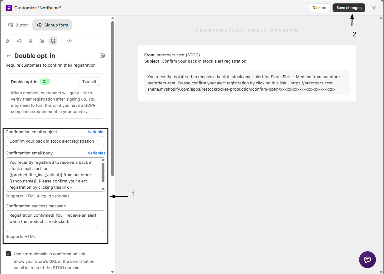 The Confirmation email subject, body, and success message fields