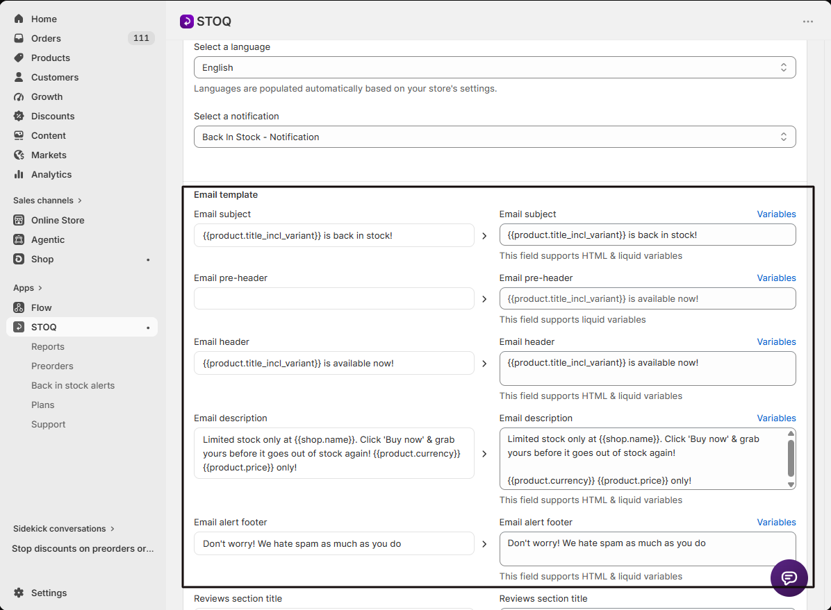 The Email template translation fields