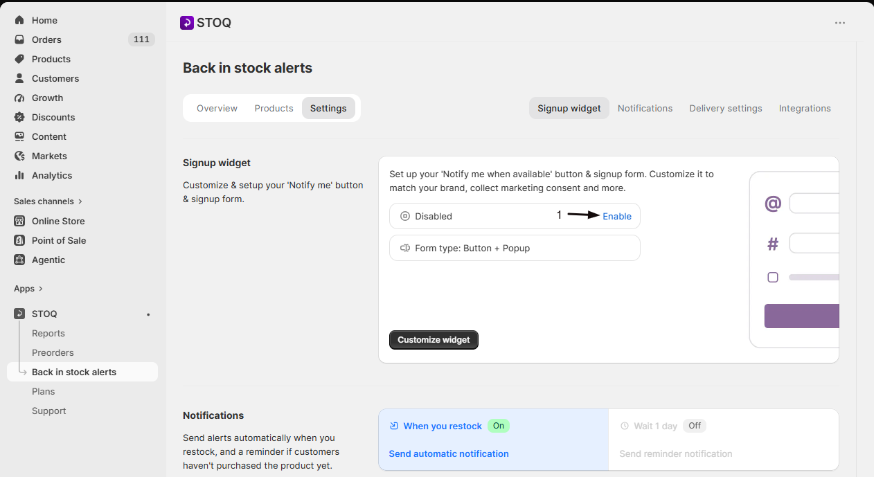 The Signup widget status card with Enable and Disable to switch the Notify me widget on or off
