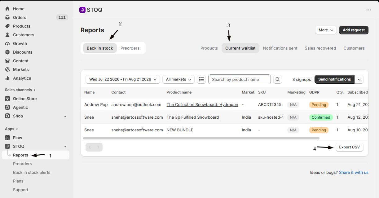 The Export CSV button in the report table footer