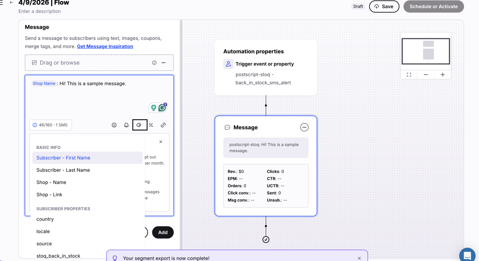 Adding an SMS action to the Flow