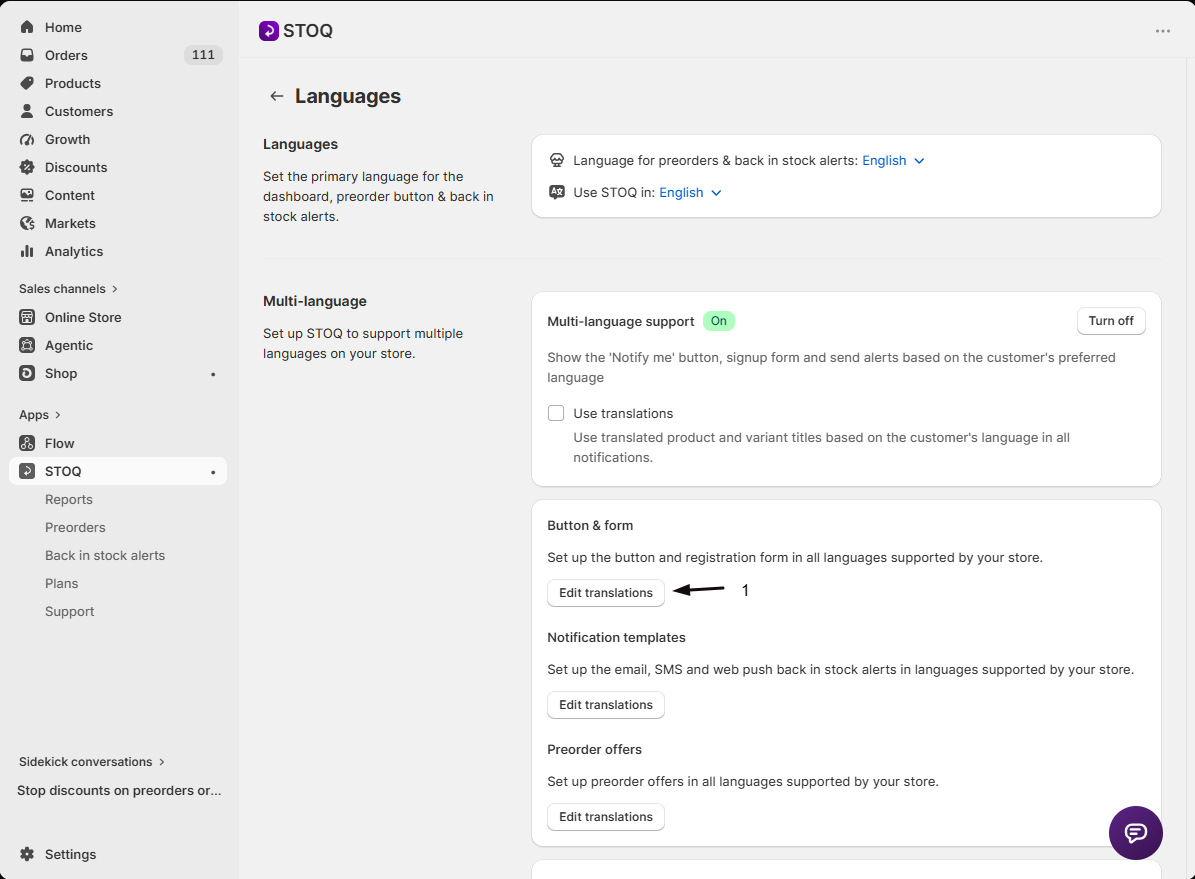 The Button and form card with Edit translations in Manage languages